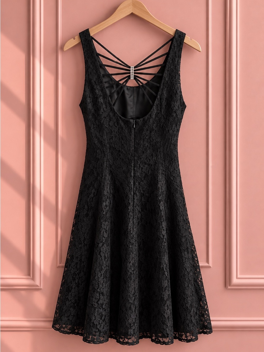 Vintage Black Lace Dress Strappy Back Midi Dress Size S
